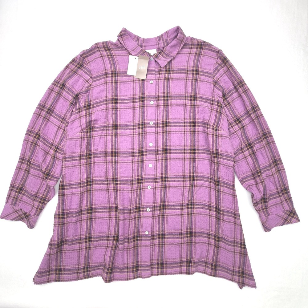J Jill Tunic Top Womens 3X Purple Plaid Textured Long Sleeve NEW